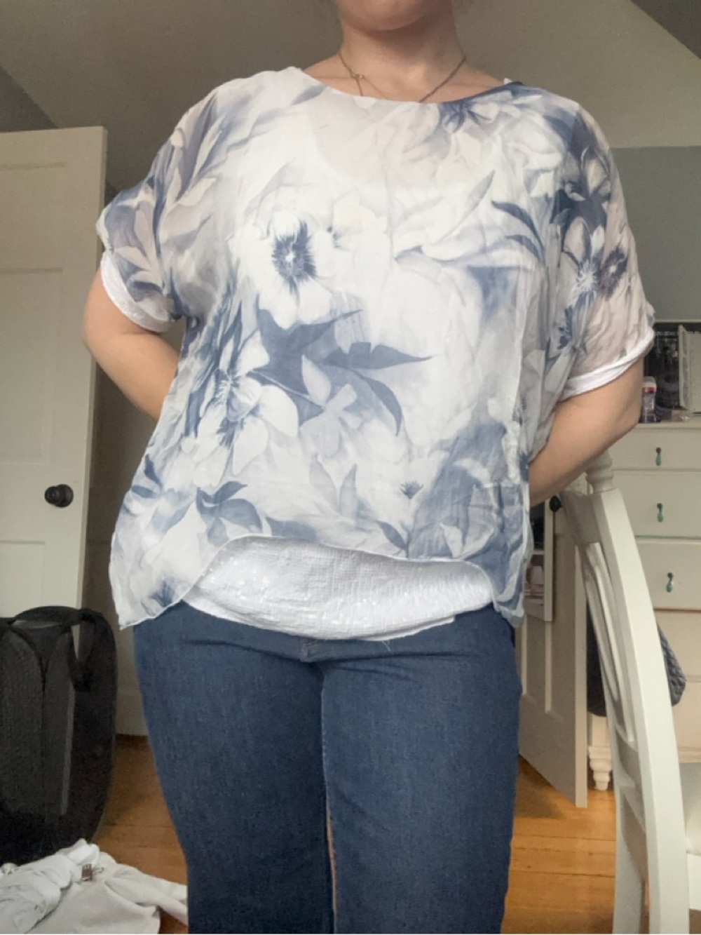 Light Blue Floral Sheer Layered Top